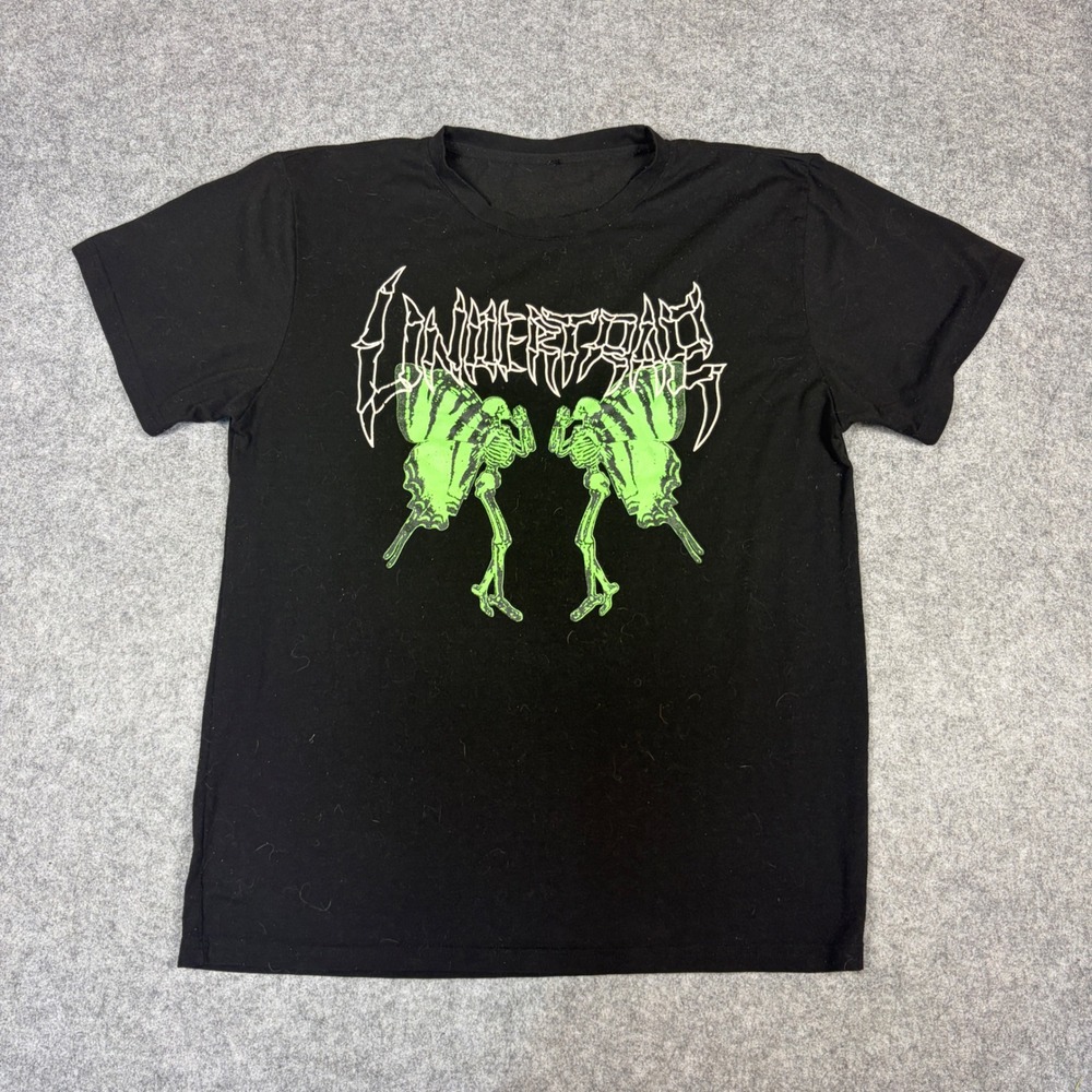 Black Graphic T-Shirt Neon Green Butterfly Skeleton Metal Style Logo Tee